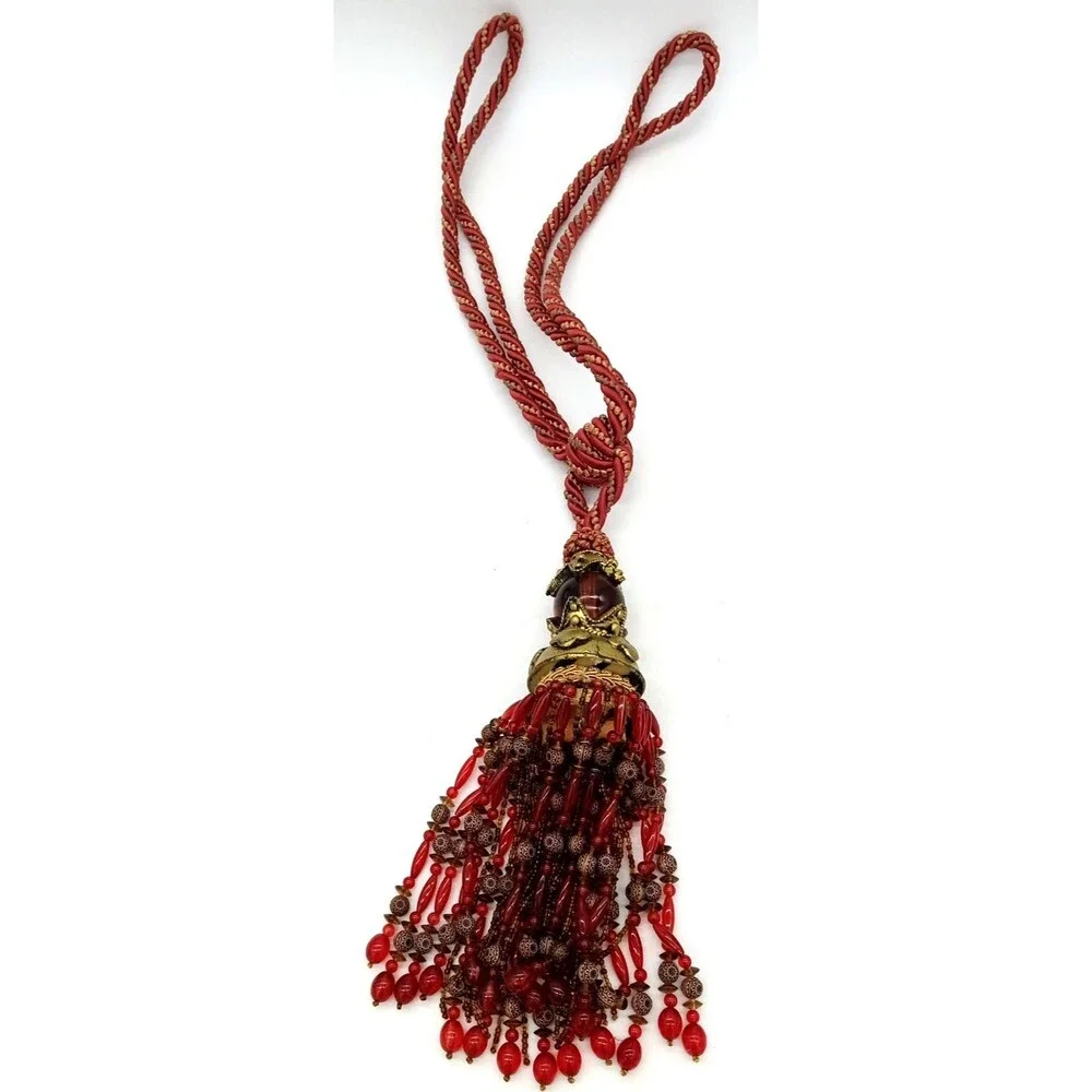 Vintage Red & Gold Braided Large Boho Style Curtain Tieback with Beaded Tassel